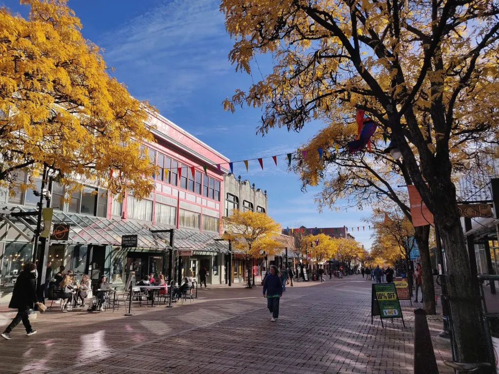 Church Street Marketplace pedestrian mall in Burlington, Vermont, in autumn