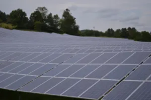 Rows of ground-mounted solar panels at a solar array in Sharon, Vermont