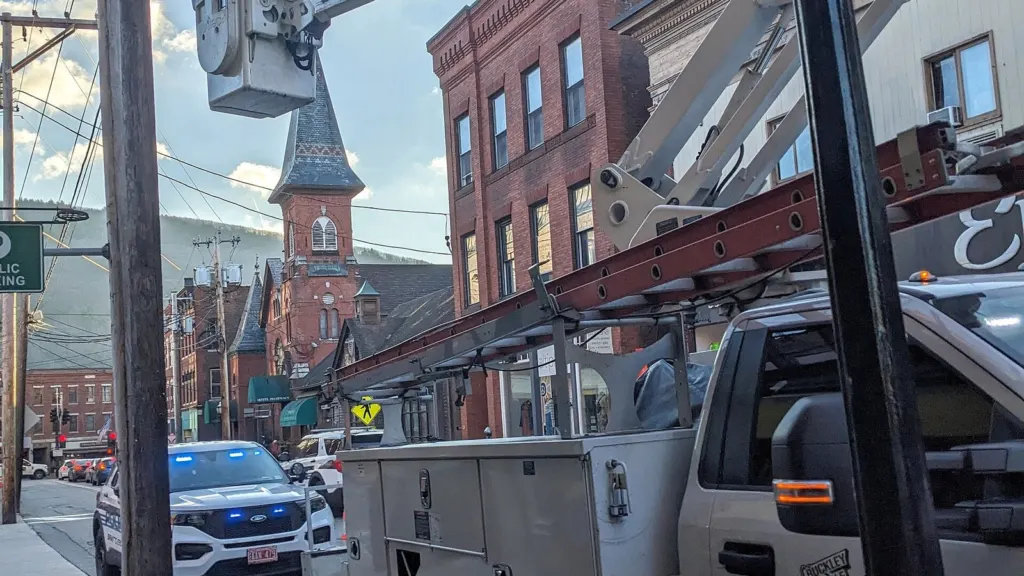 Utility crew repairing lines on Elliot Street in downtown Brattleboro, Vermont