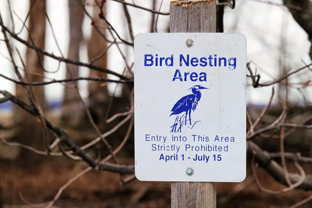 Sign marking a great blue heron nesting area at Missisquoi National Wildlife Refuge in Swanton, Vermont