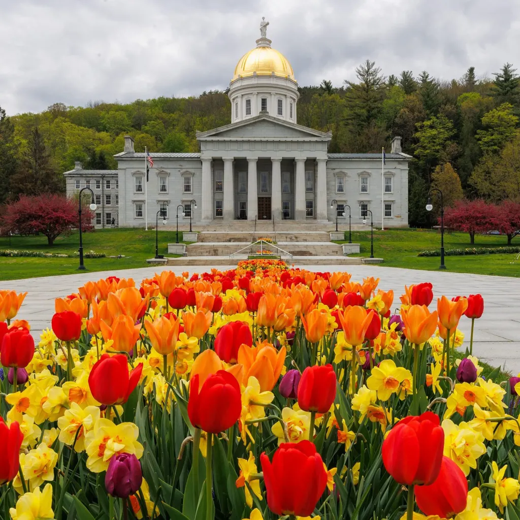The Vermont State House in Montpelier with tulips in May