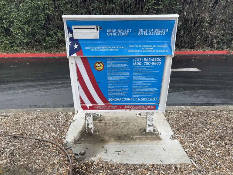 A ballot box at a polling place (Sonoma, California; illustrative)