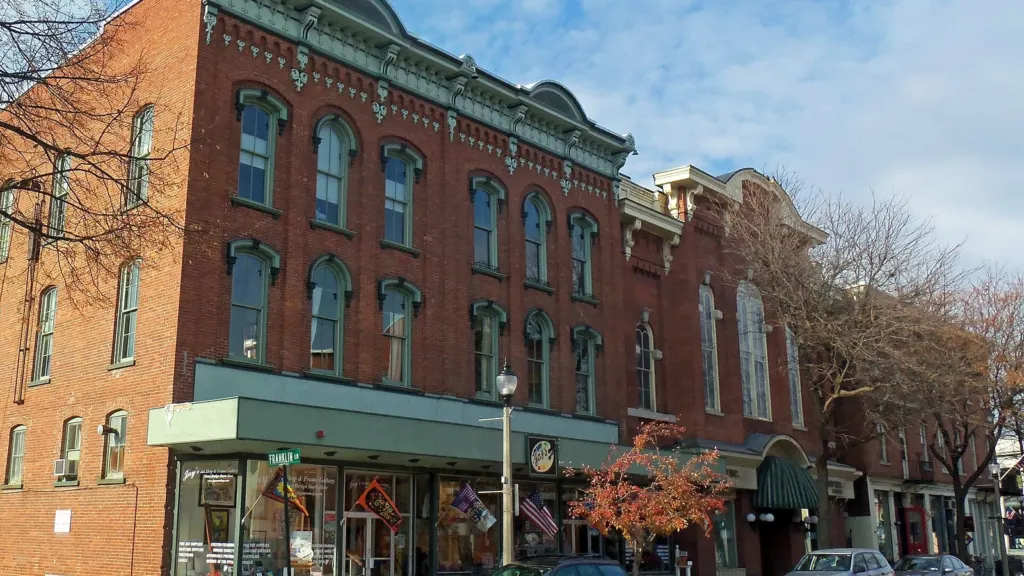 Historic brick buildings on South Main Street in downtown Bennington, Vermont