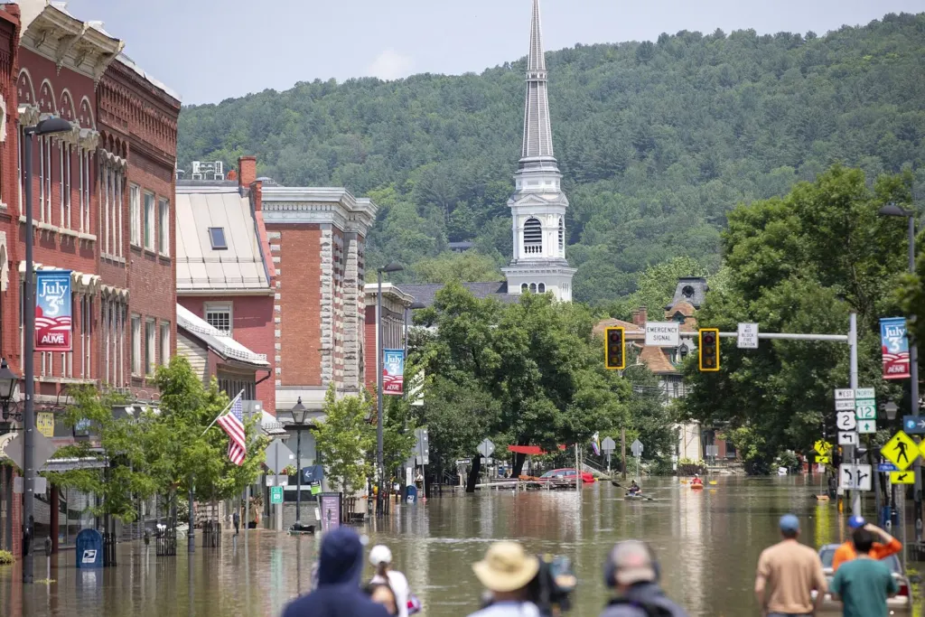Floodwater on Main Street in Montpelier, Vermont, on July 11, 2023, as the Vermont National Guard responded