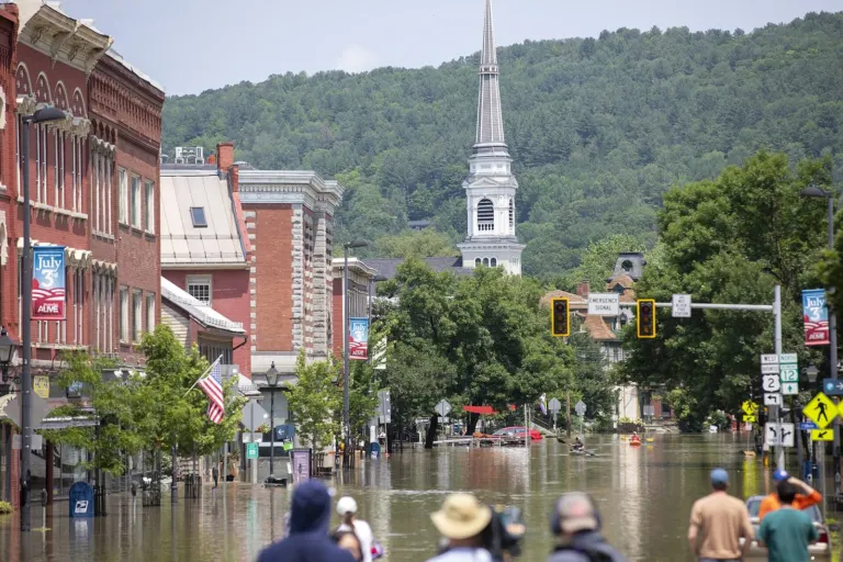 Floodwater on Main Street in Montpelier, Vermont, on July 11, 2023, as the Vermont National Guard responded