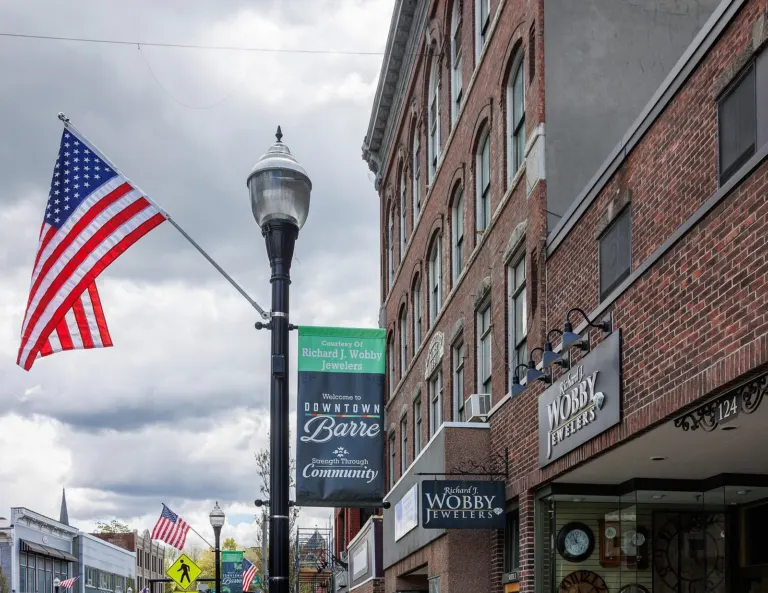Welcome to Downtown Barre sign on Main Street in Barre, Vermont